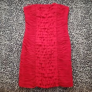 Cache Bright Primary Red Ruffled and Ruched Lined Strapless Dress, Size 8, EUC